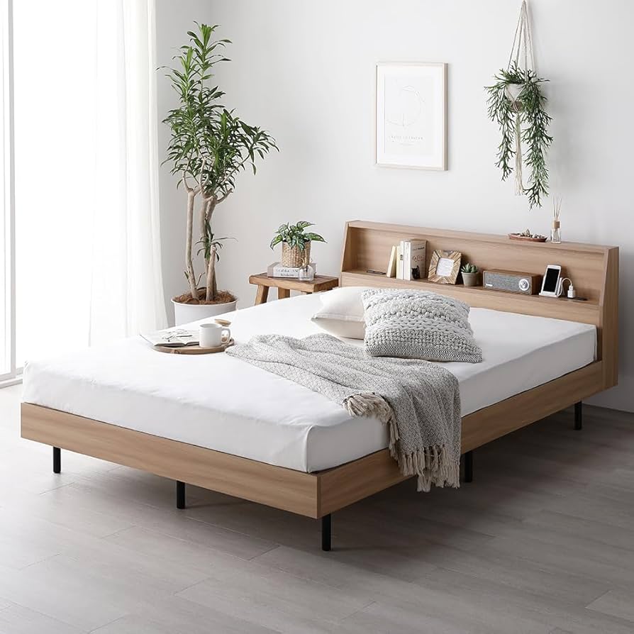 Amazon｜RASIK ベッド シングル フレームのみ ナチュラル 棚付き