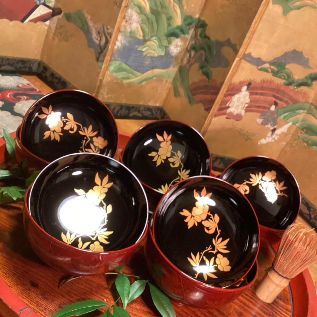河和田塗 御吸物椀 溜塗 菊の葉 5客入り 箱入り 【公式通販】