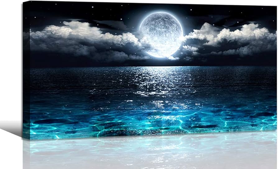 Amazon.co.jp: ウォールアート 月 海 海 風景 ピクチャー キャンバス