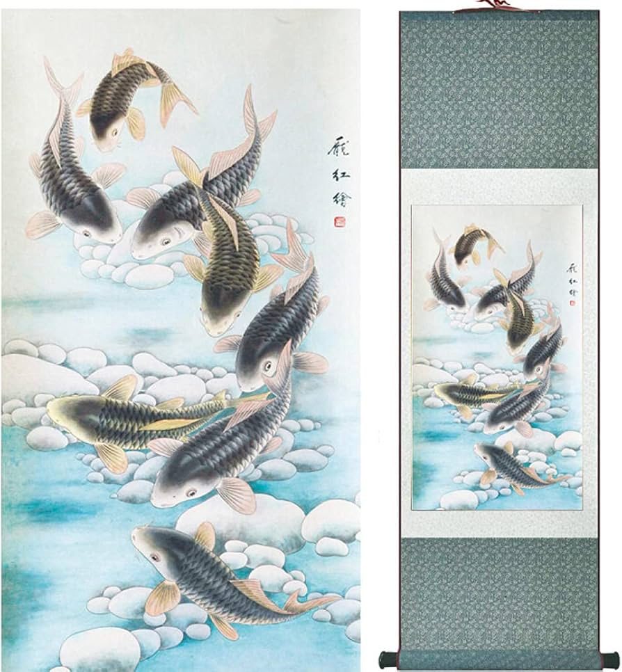 Amazon | 魚の絵伝統的な芸術中国の魚の報酬牡丹の花と魚の絵8匹の魚