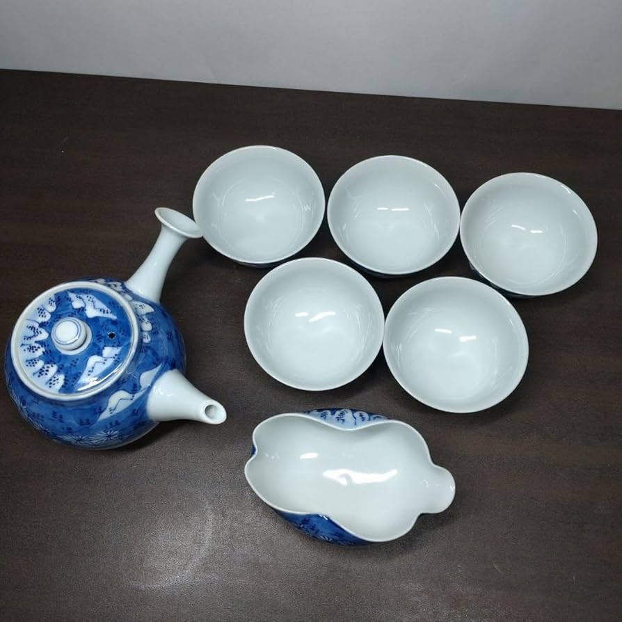 2334 平安草仙染付青花茶器セット宝瓶1客湯冷し1客湯呑5客鉢付き