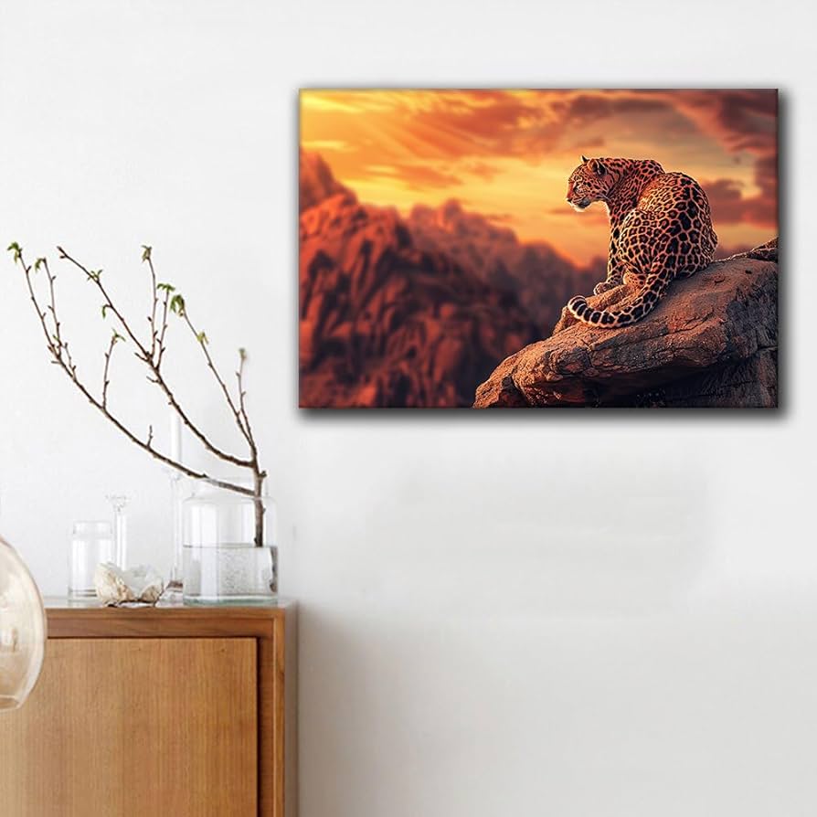 Amazon.co.jp: ヒョウキャンバスプリント、野生動物の壁アート、夕日の
