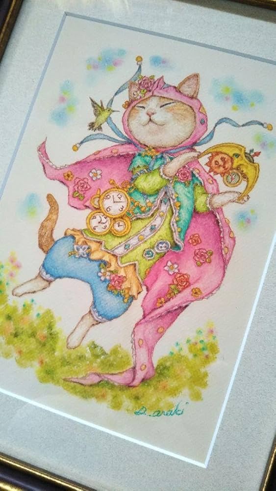 原画】『時を数える猫』（猫の絵猫グッズ時計絵画パステル画）