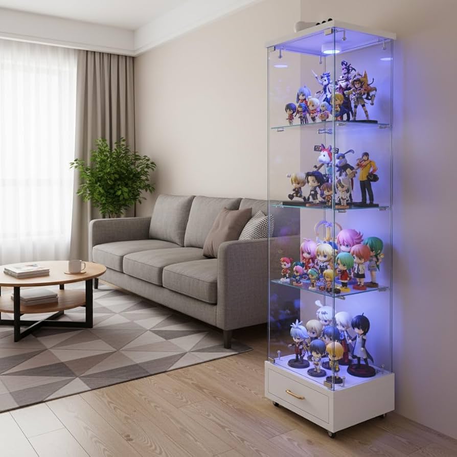 Amazon.co.jp: ガラスディスプレイキャビネット LED照明 鍵付き 4段