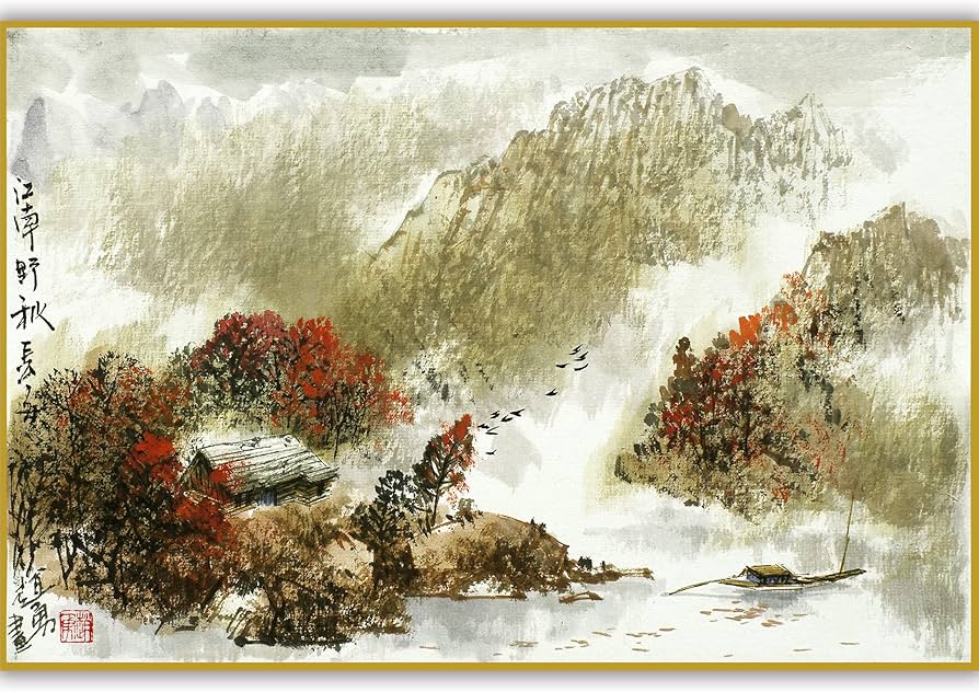 Amazon.co.jp: 風景画 山水画 手描き中国水墨画 色紙作品 手描り絵画