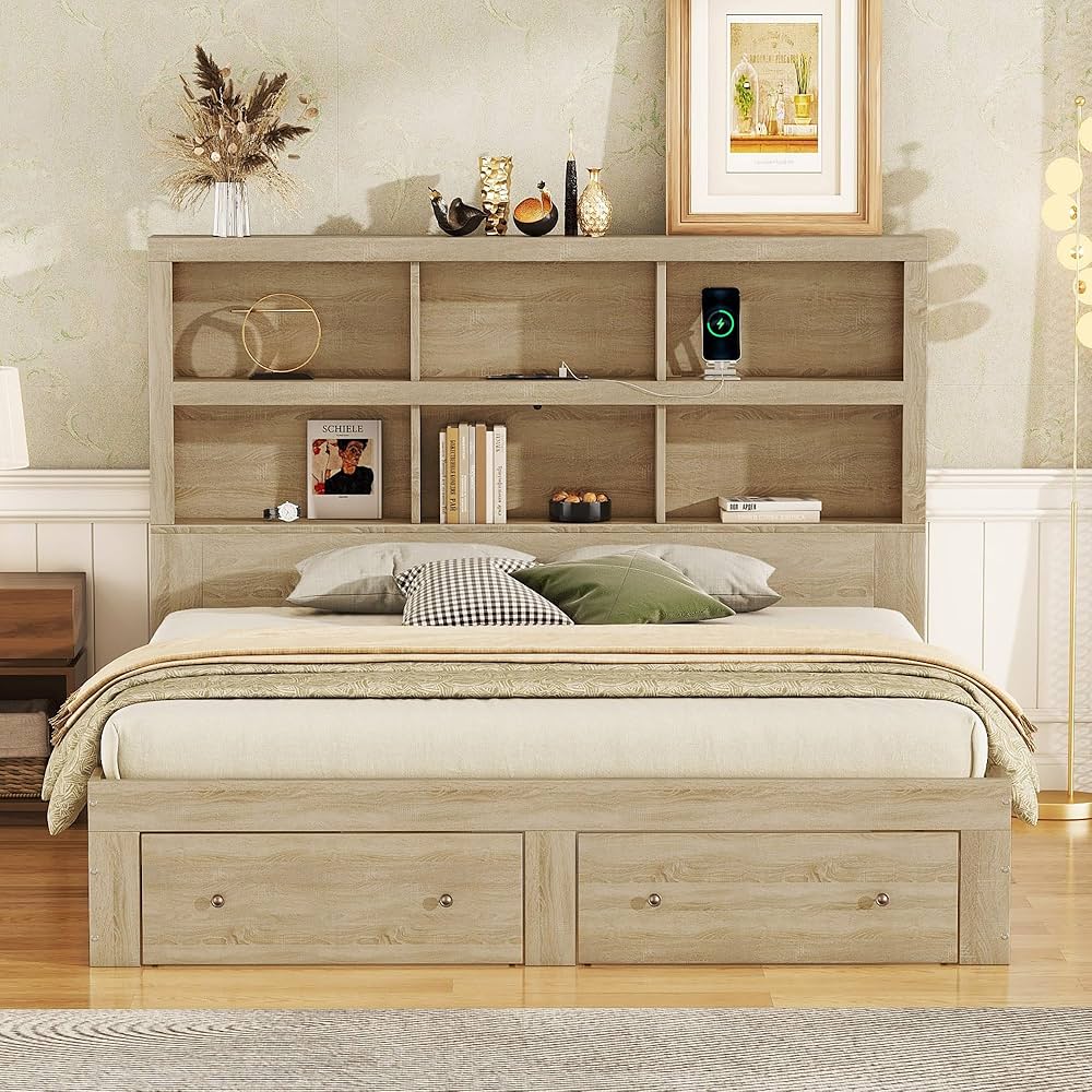 Double Bed 160 x 200 cm Solid Wood King Platform Bed with Two