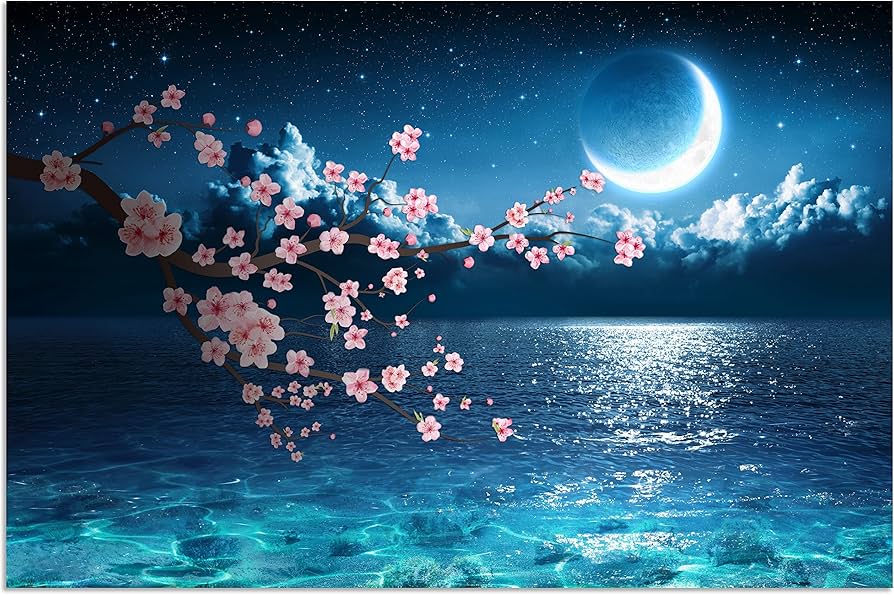 Amazon.co.jp: TutuBeer 桜 月 海 アート 満月の夜の咲く木 風景画