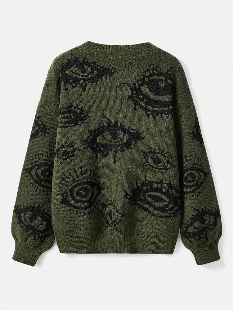 SAGGION Women's Grunge Punk Eye Print Drop Shoulder Long Sleeve