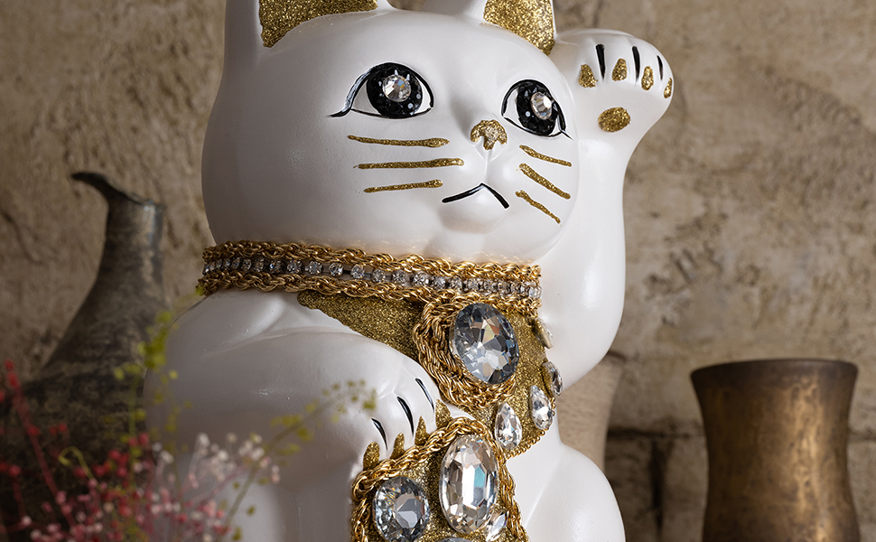 Amazon.co.jp: ご縁猫 ジュエリーキャット(L-SIZE 白 White）左手あげ