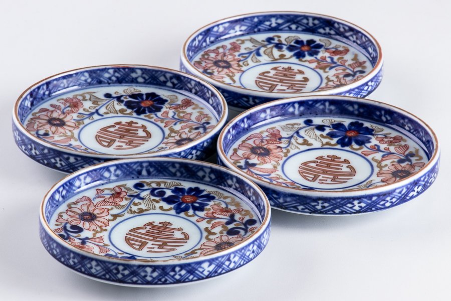 古伊万里】 大聖寺伊万里 金襴手花文小皿 4客セット 江戸後期 16468