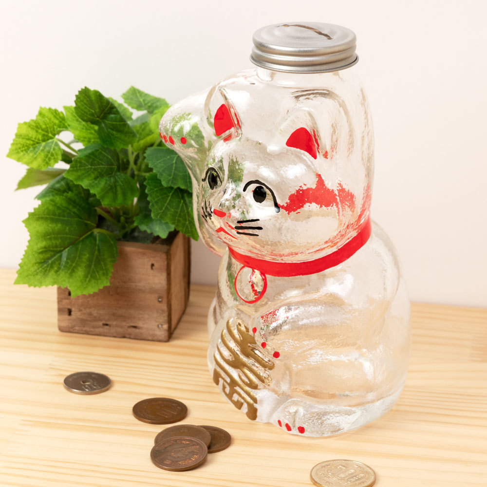 廣田硝子 招き猫 貯金箱 (SM-2M) レトロ感ある懐かしのガラス瓶 Lucky