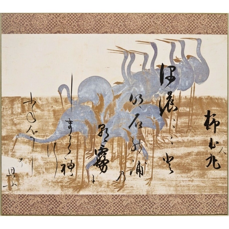 色紙〈重文 鶴下絵三十六歌仙和歌巻 (柿本人麻呂)〉書：本阿弥光悦 画