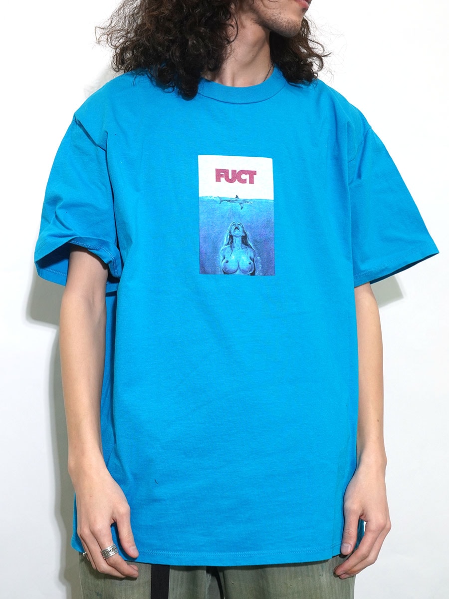 90's～ FUCT ''JAWS'' パロディプリント Tシャツ スカイブルー 表記(XL