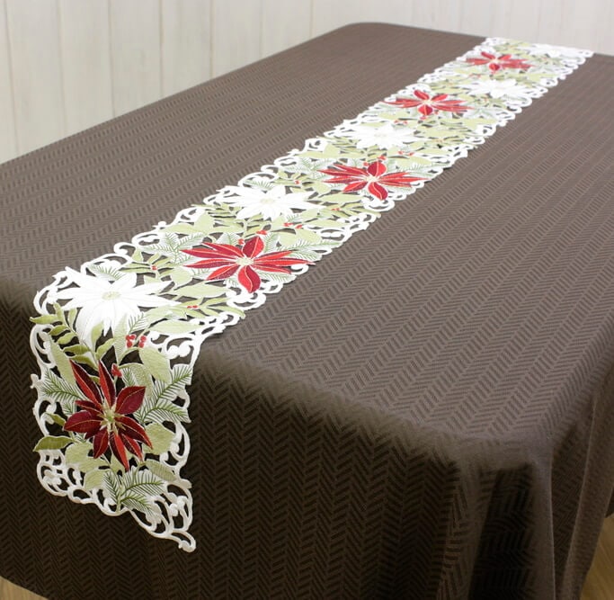 Xmas ポインセチア 刺繍 テーブルランナー 約20×160cm｜インテリア