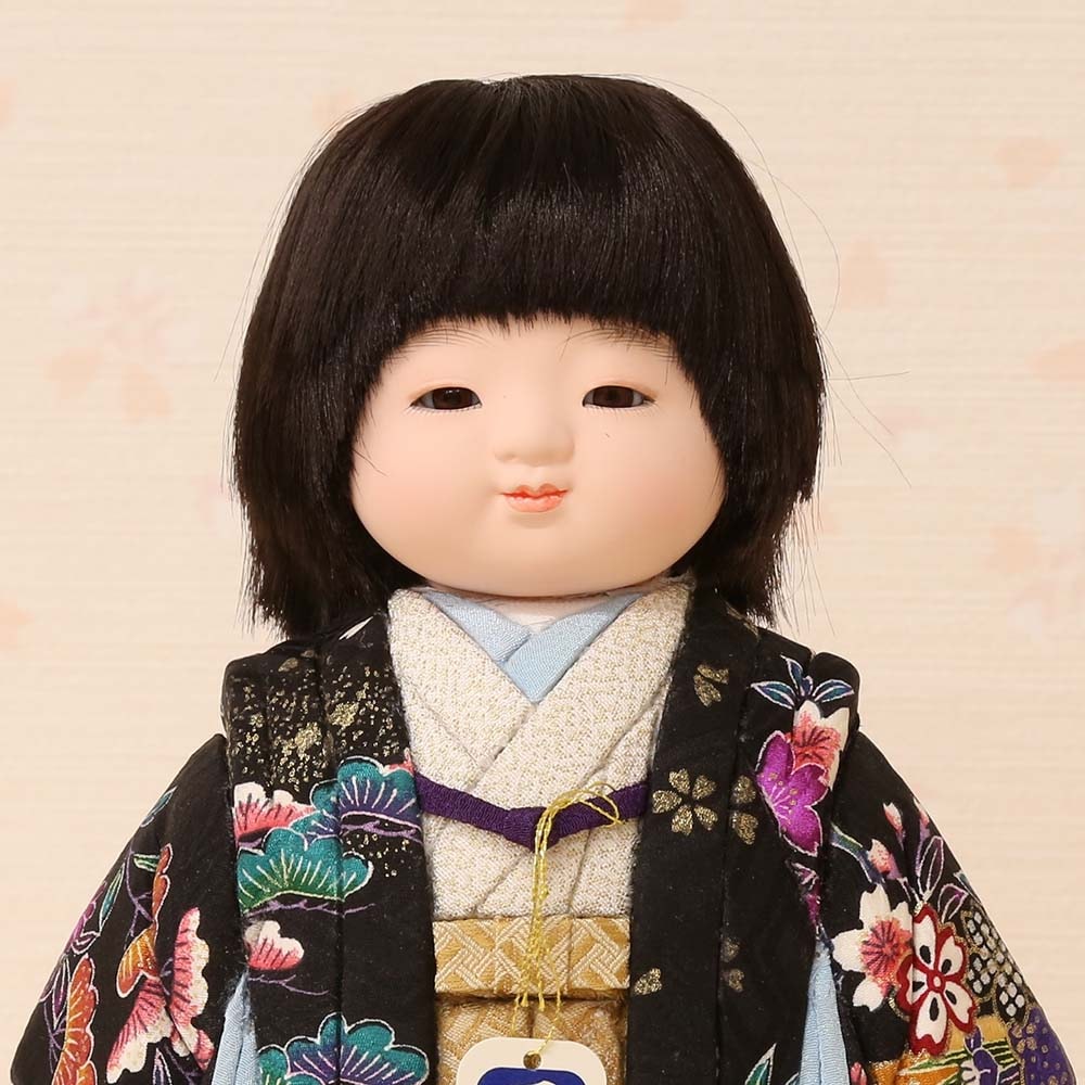 市松人形 齊藤公司作 ミニ松 正絹 口開き レザー 横幅16.5cm