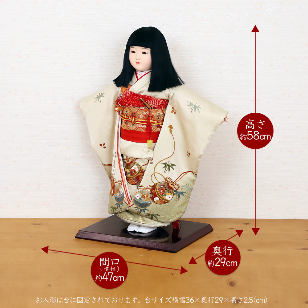 市松人形 齊藤公司作 20号 20-12-j 鈴 竹 桐胴 正絹友禅本仕立て 金彩