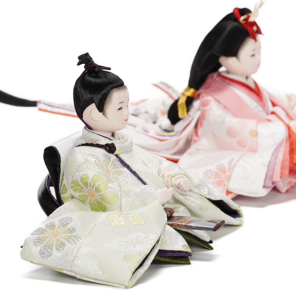 雛人形】まめ(大) 金襴花柄(緑・ピンク)×金襴花柄(薄緑・ピンク) 双子