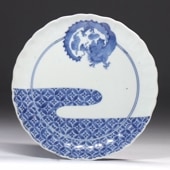 藍九谷 皿 江戸時代前期 前期伊万里 染付 草花文 陽刻捻割地紋