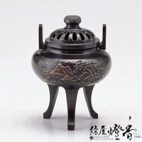 香炉/香器『高岡銅器【平丸獅子蓋香炉/双鶴/小/蒔絵】銅製・能作吉秀作