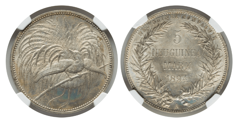 MS65】1894年 ドイツ領ニューギニア 極楽鳥 5マルク銀貨 | すべての