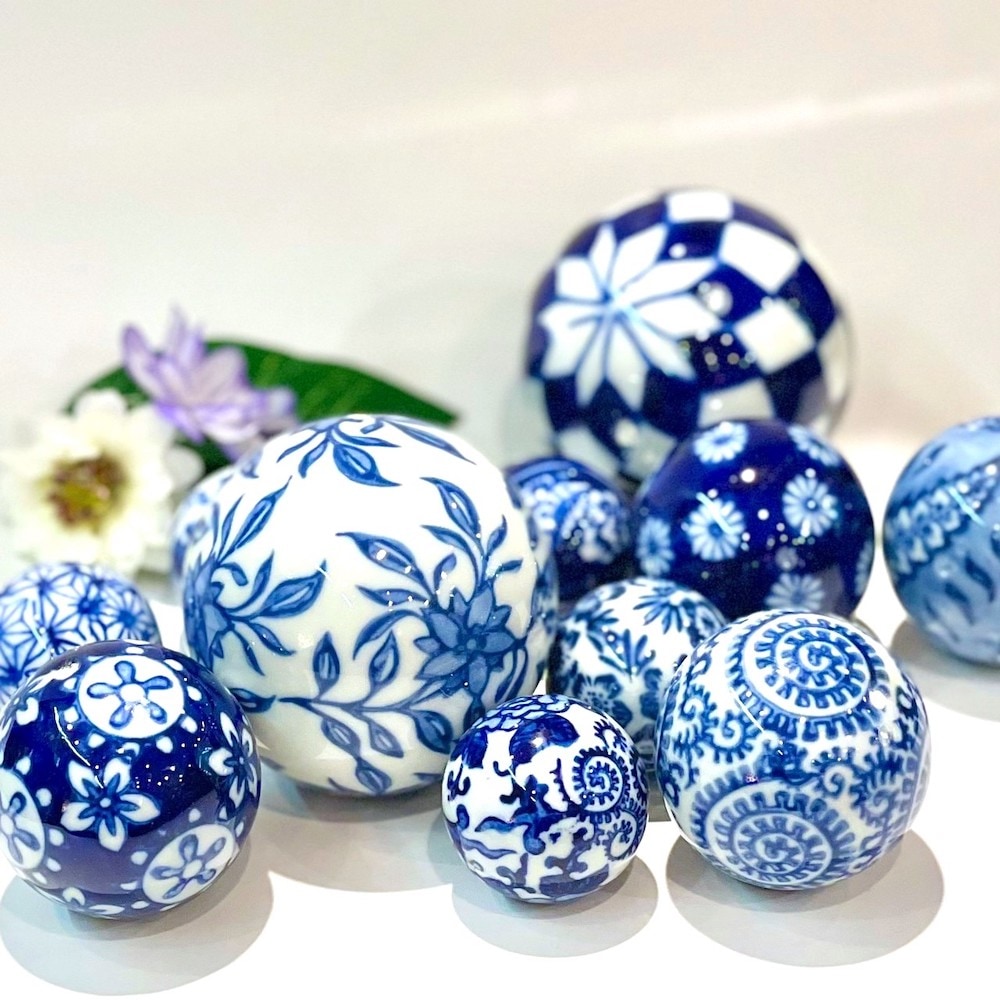 青花 浮き球 中3個セット アソート 浮き玉 花手水 陶器 青 柄 和風