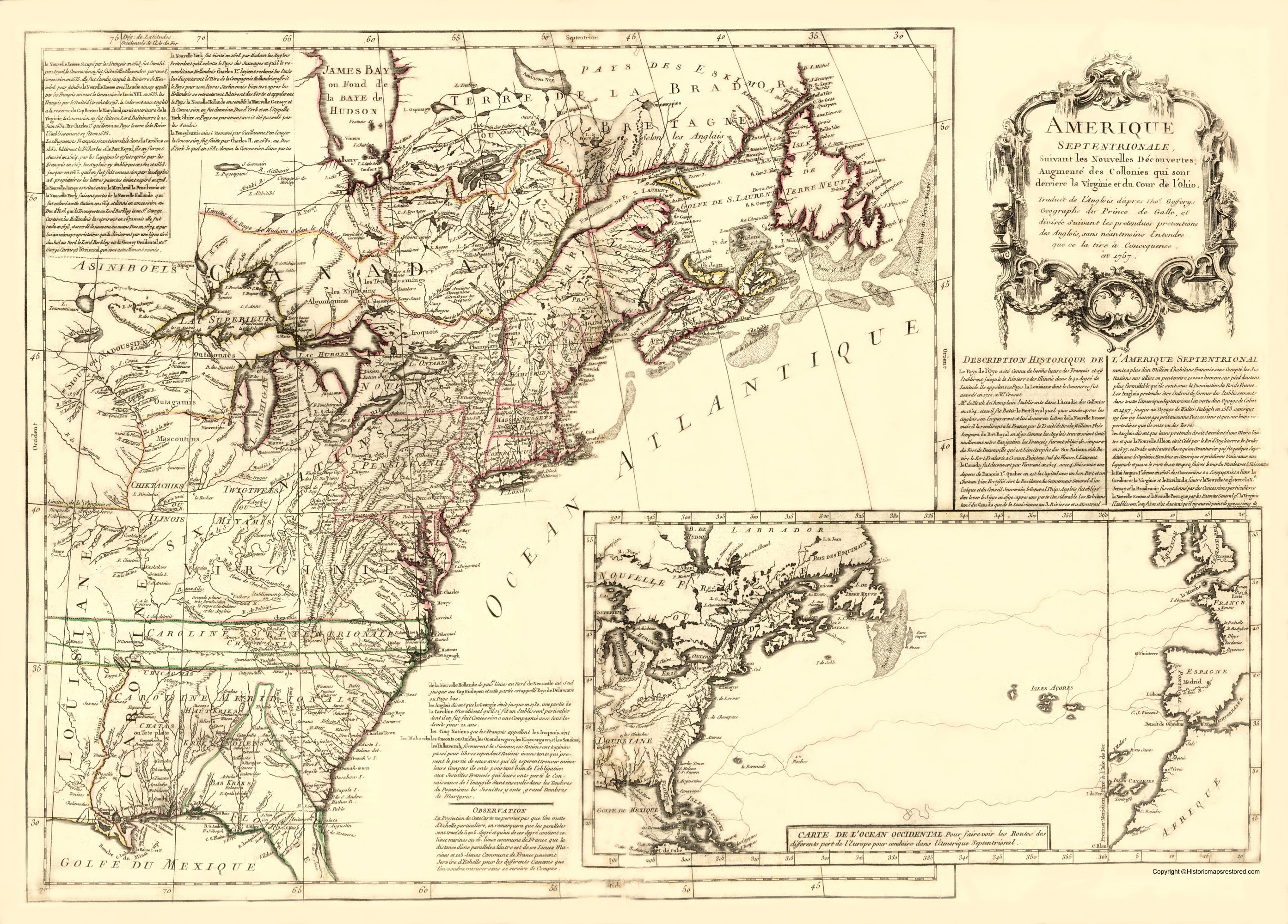 Old War Map Print - North America New Discoveries - Gefferys 1757