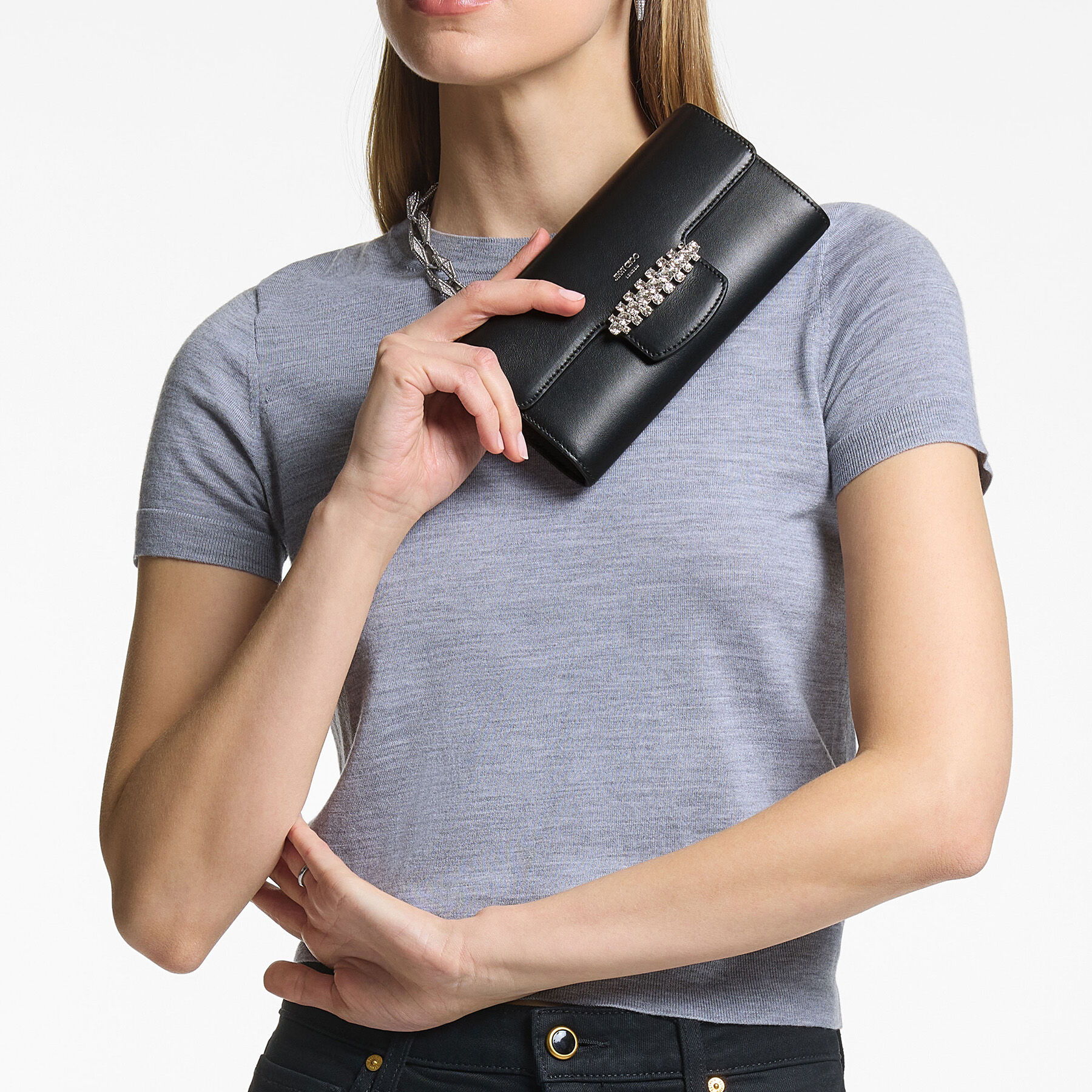 Bing Wallet Chain |Black Leather Mini Shoulder Bag with Crystal