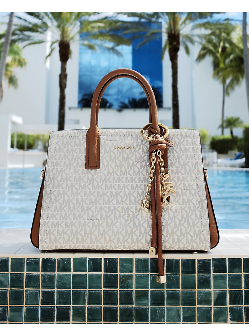 Laila Small Signature Logo Satchel in VANILLA/ACORN | Michael Kors