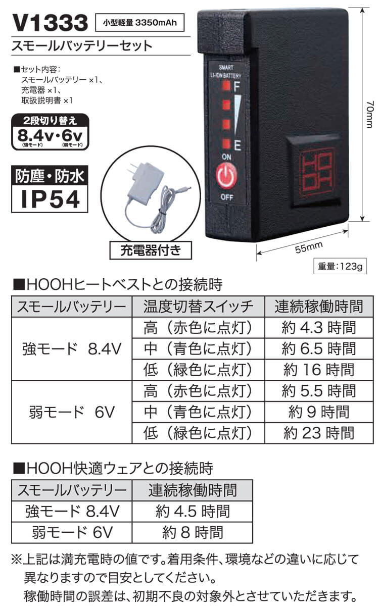 防寒服 HOOH インナーヒートベスト 軽防寒ベスト・小型バッテリー