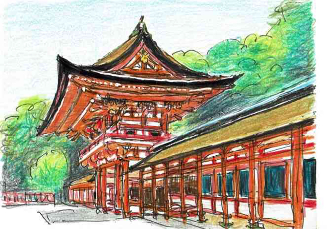 水彩画風スケッチ・日本の世界遺産建築物ベスト25の11位・京都下鴨神社