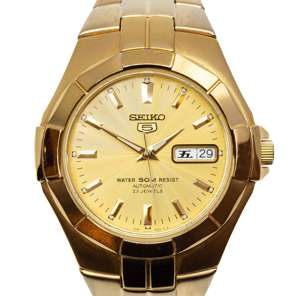 Seiko 5 Automatic 7S36-02J0 Gold Clear Back Watch #62463 - Monty's ®