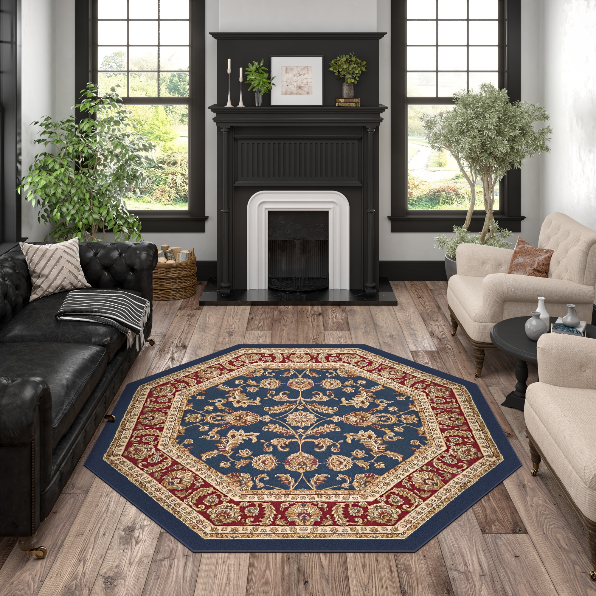Tayse Sensation 6 X 6 (ft) Navy Octagonal Indoor Border Oriental