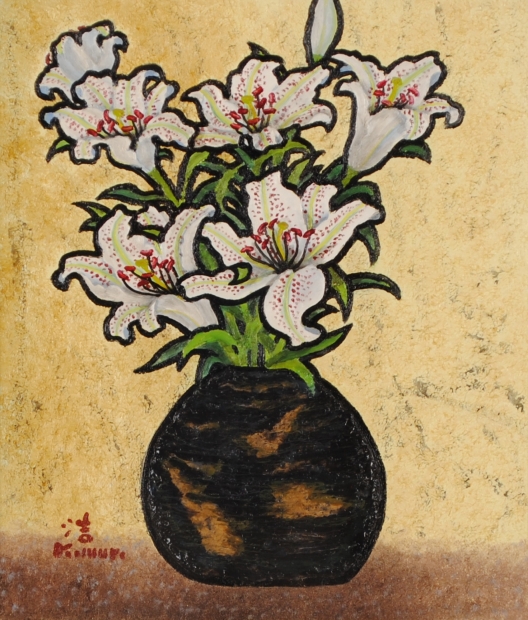 小室浩「箱根百合」油彩 F8 額装 花 油絵 油画 絵画 J 小室浩「箱根
