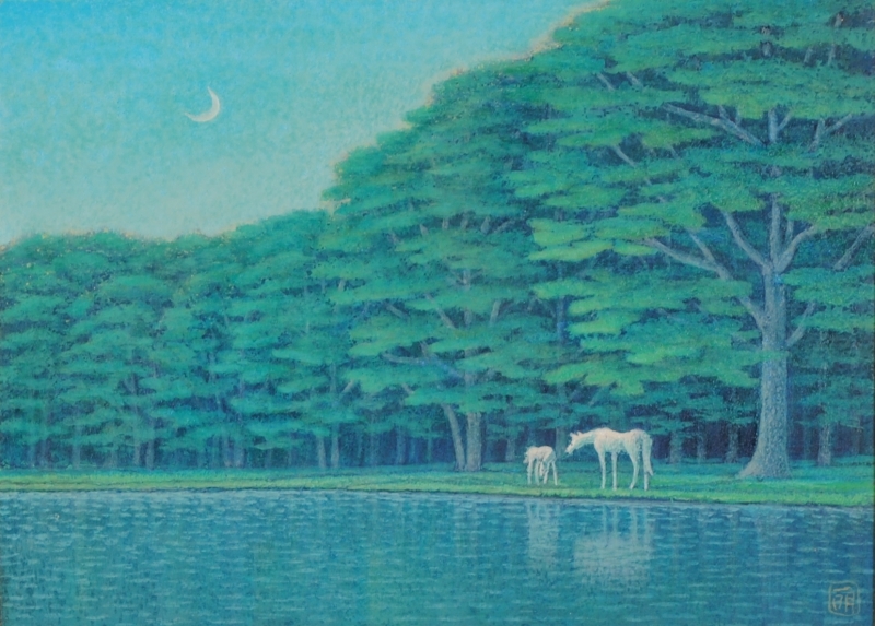 馬の絵画を油絵で描いた富谷一明の白馬の絵「静日・3」をご購入