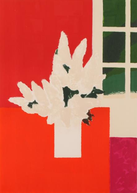 ベルナール・カトランがリトグラフの版画で制作した花の絵画「赤い