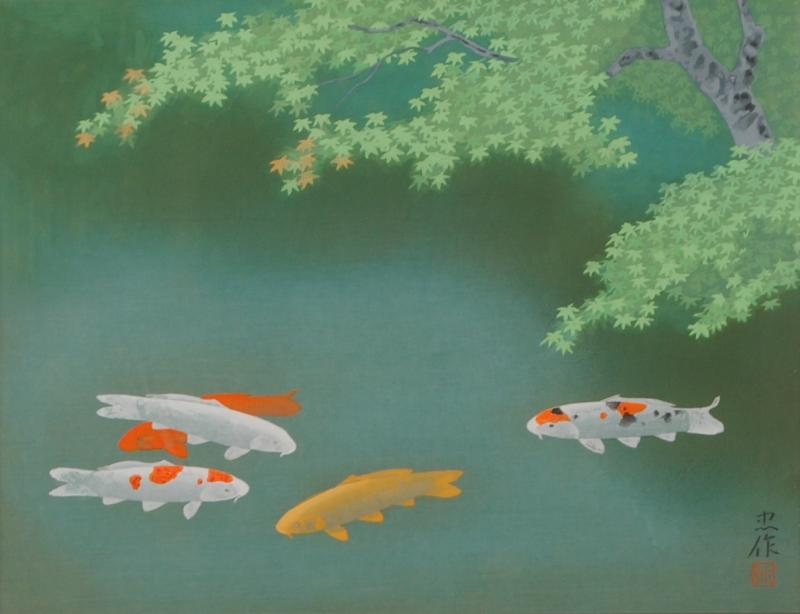 大山忠作が木版画で制作した鯉の和の絵「緑映」を通販で販売