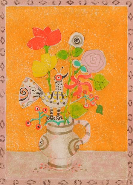 ポール・アイズピリがリトグラフの版画で制作した花の絵画「オレンジの