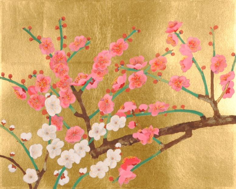 濱田台兒がリトグラフの版画で制作した和の花の絵「紅白梅」を通販で販売