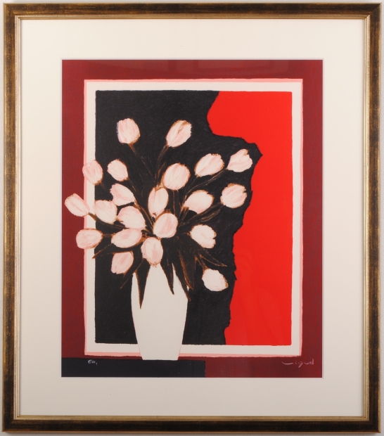 花の絵画をリトグラフの版画で制作したヴィギュドの花の絵「白い花瓶の