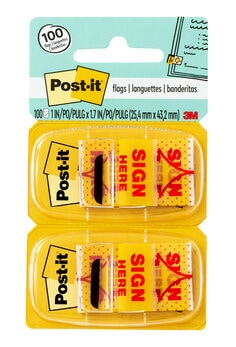 Post-it® Message Flags, ″Sign Here″, Yellow, 1 in. Wide, 50