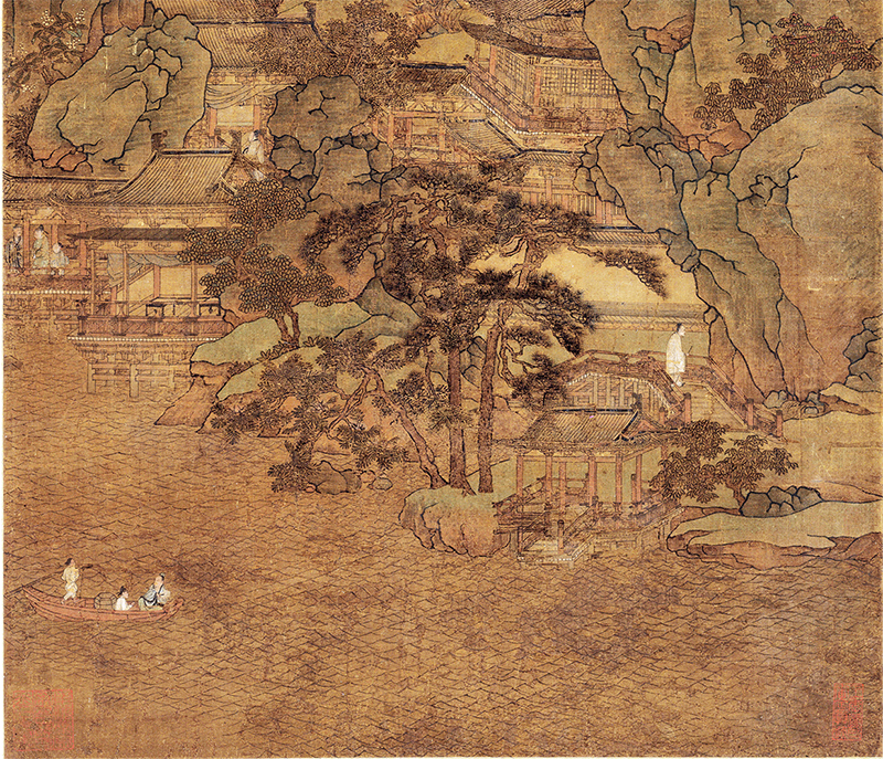 元胡廷晖《春山泛舟图轴》绢本青绿山水色彩绚丽构图繁密兼具高远、深远