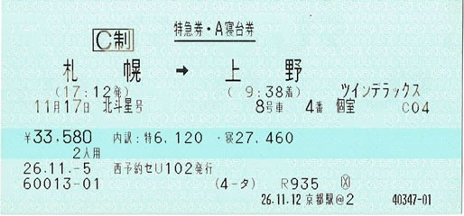 特急「北斗星」特急券・A寝台券（ツインデラックス）・他 | 新きっぷと