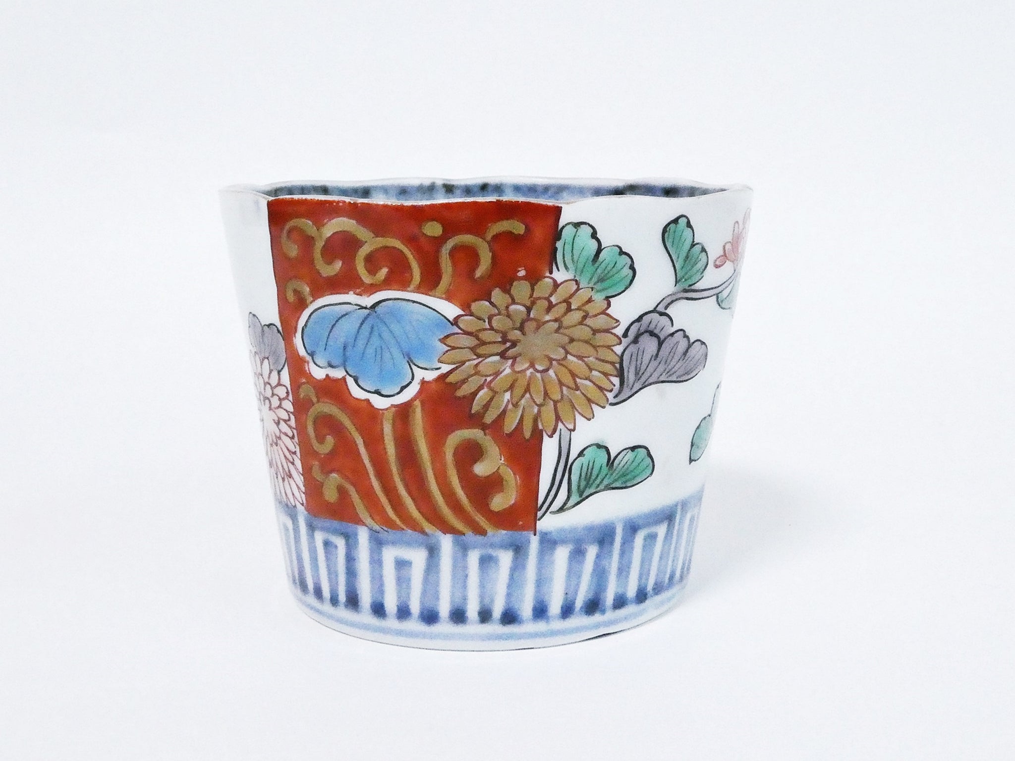 古伊万里 色絵 窓絵 岩に東屋 笹に花の図 蕎麦猪口 351AS-fbmr 古