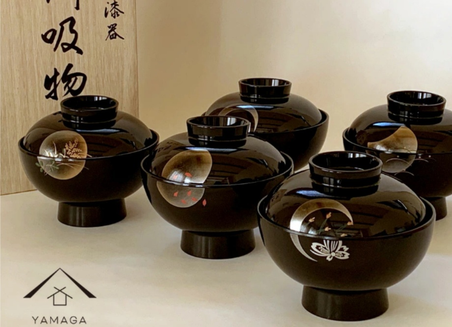 紀州漆器】吸物椀 黒 小夜 5客セット 桐箱入り - 日本製高級ギフト