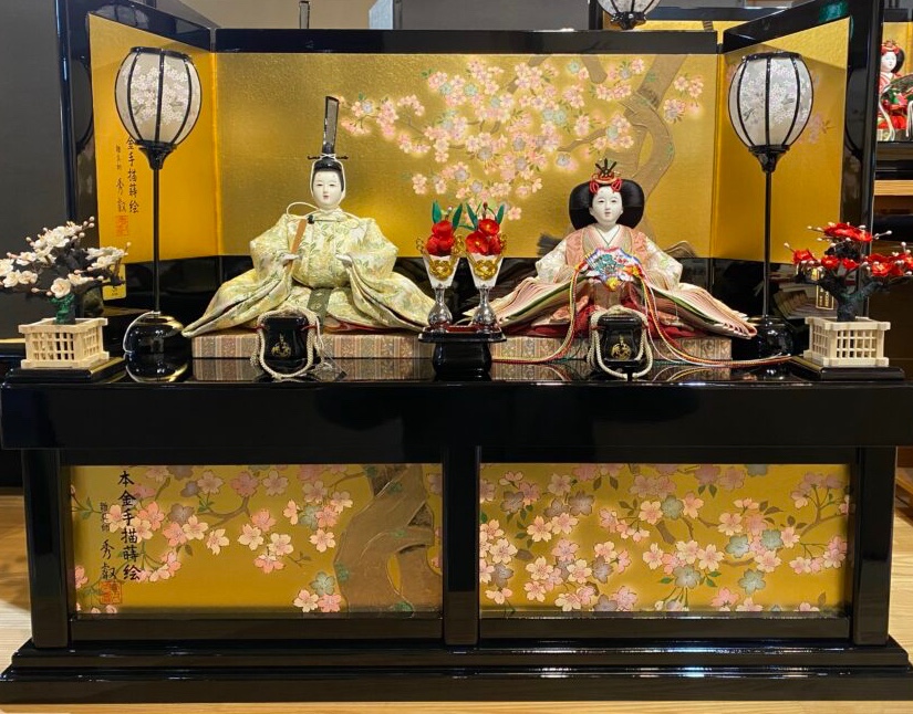 清水久遊作 正絹八重桜 桜華金屏風親王飾り｜人形のかに江