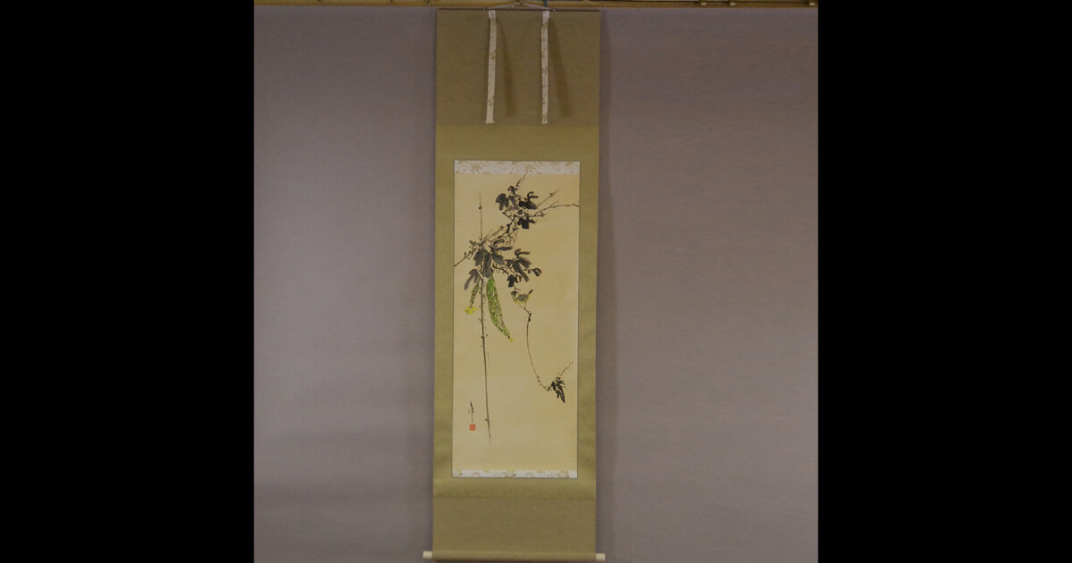 真作/川人勝延/扇面/雀声/竹に雀図/美品/桐共箱付/布袋屋掛軸HD-46 真