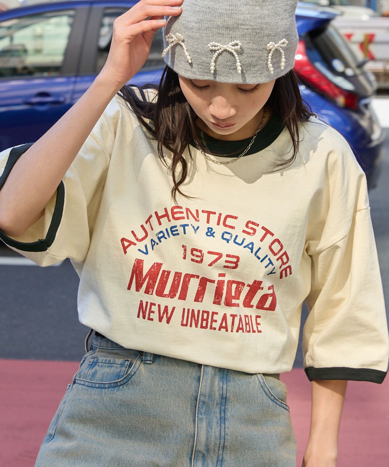 ヴィンテージライクロゴデザイン ビッグシルエットリンガー半袖Tシャツ
