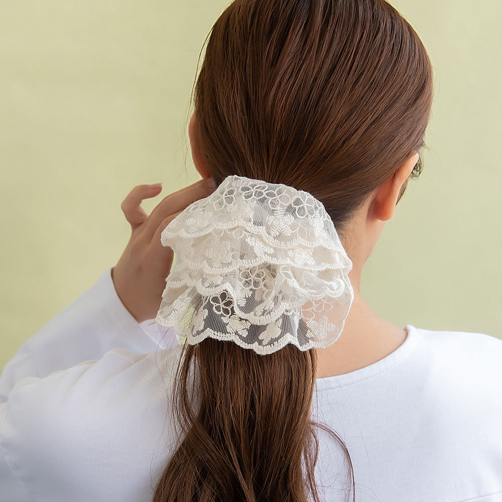 シュシュ スカラップ チュールレース 刺繍 花柄 フラワー ビッグ
