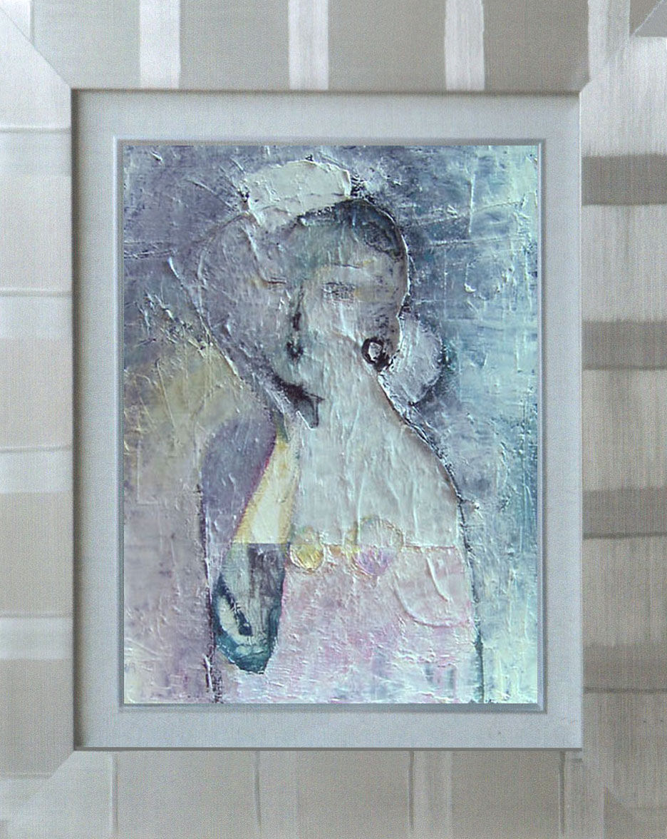 油絵 菅家令子絵 絵画インテリア額付(青緑＋金色の枠)F4-090818猫犬