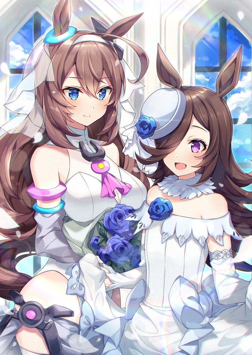 ウエディングドレスに喜ぶライスシャワーを見守るミホノブルボン #ウマ娘